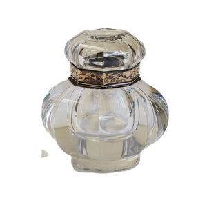 Antique Victorian Faceted Glass Inkwell With Scrolled Design Brass Lid